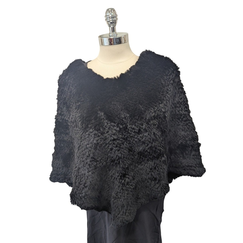 Carlisle Black 100% Rex Rabbit Fur Poncho Cape V-Neck Womens Size M/L Vintage